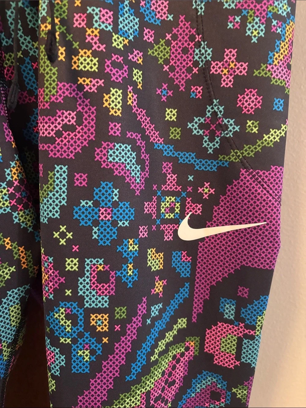 Nike WOMENS' Black Leggings with Purple, Teal & Pink Pixel Floral Print